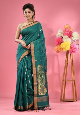 Teal Paisley Work Cotton Blend Saree Set