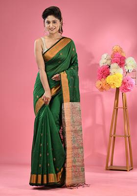 Green Woven Work Cotton Blend Saree Set