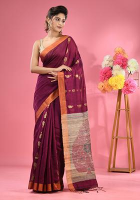 Magenta Woven Work Cotton Blend Saree Set