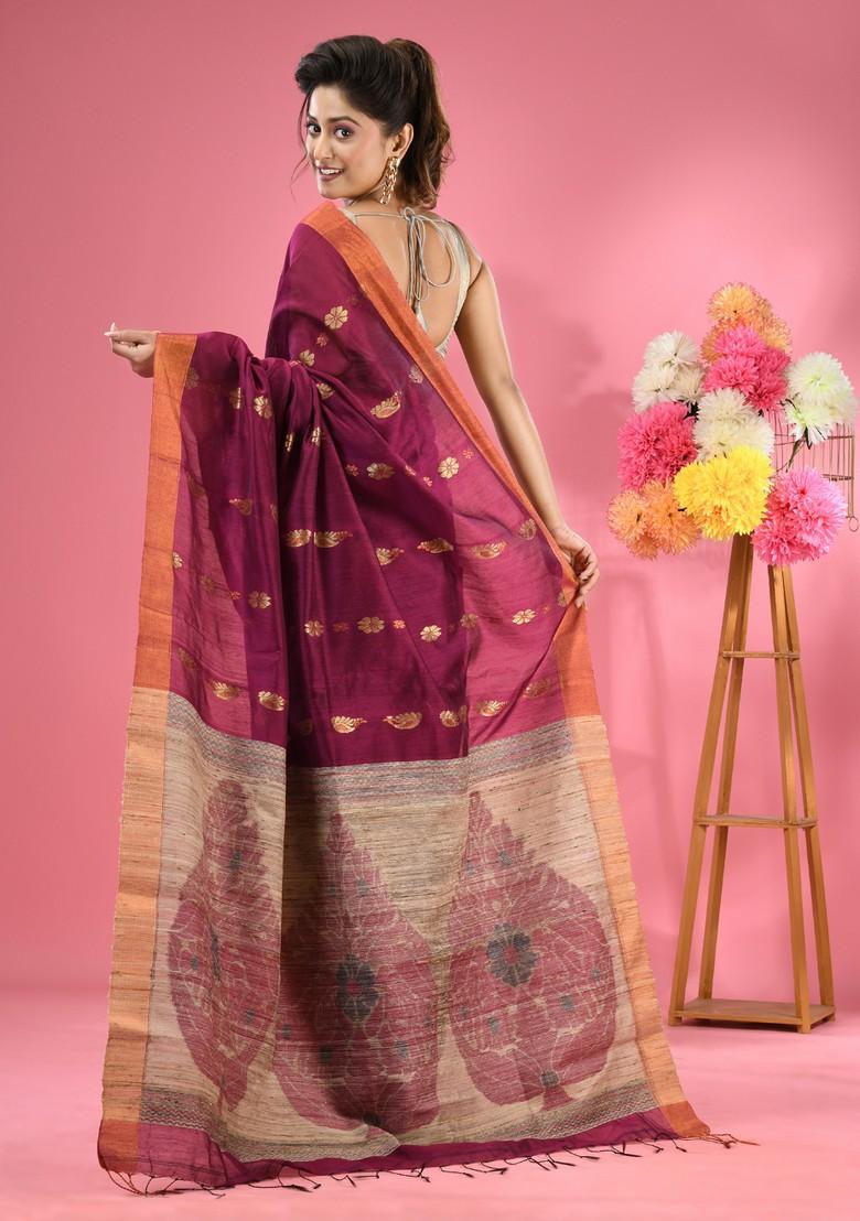 Magenta Woven Work Cotton Blend Saree Set - Indya