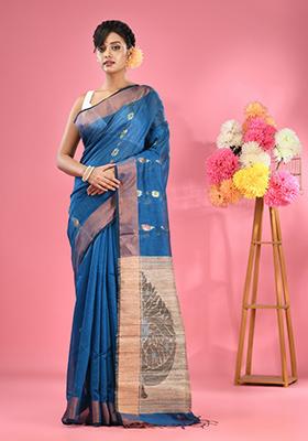 Sapphire Blue Woven Work Cotton Blend Saree Set