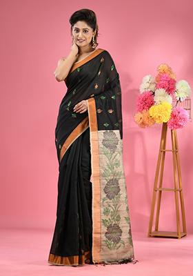 Black Woven Work Cotton Blend Saree Set