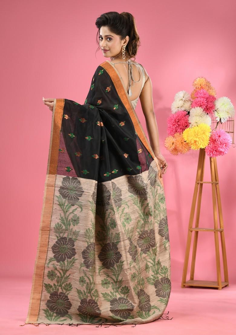 Black Woven Work Cotton Blend Saree Set - Indya