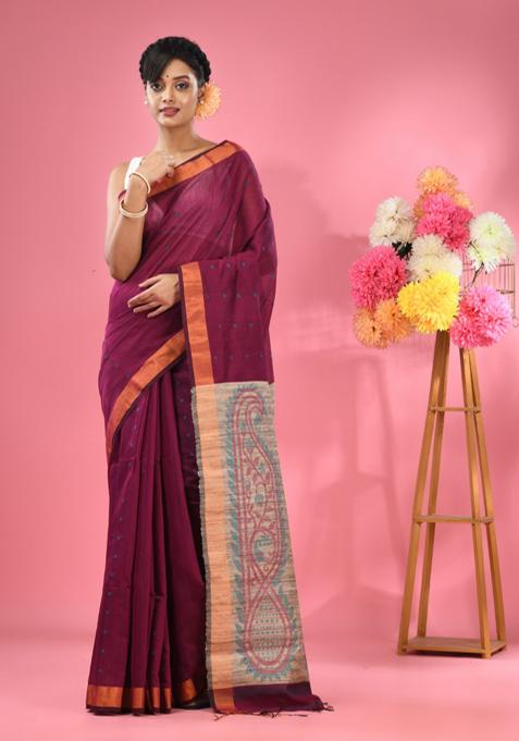 Magenta Woven Work Cotton Blend Saree Set