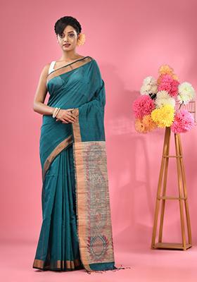 Teal Woven Work Cotton Blend Saree Set