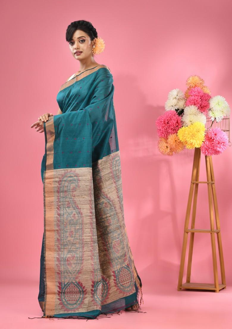 Teal Woven Work Cotton Blend Saree Set