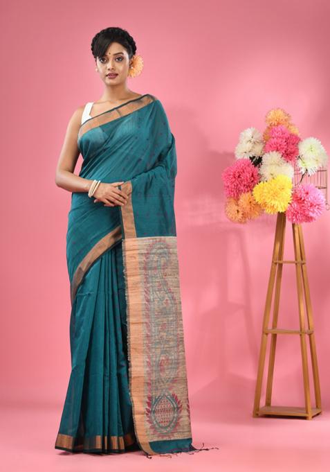 Teal Woven Work Cotton Blend Saree Set