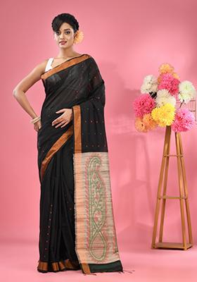 Black Woven Work Cotton Blend Saree Set