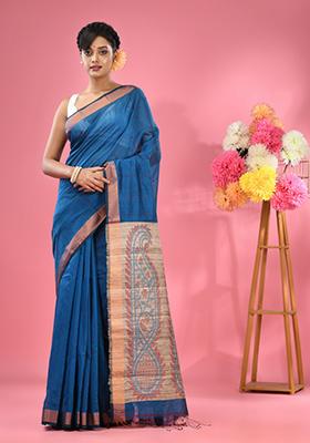 Sapphire Blue Woven Work Cotton Blend Saree Set