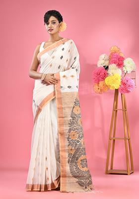 White Woven Work Cotton Blend Saree Set