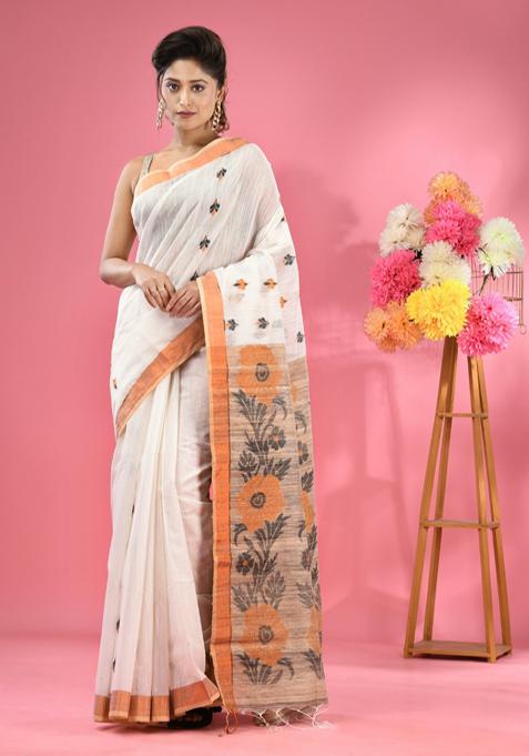 White Woven Work Cotton Blend Saree Set