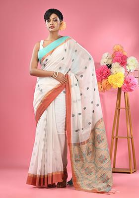 White Woven Work Cotton Blend Saree Set