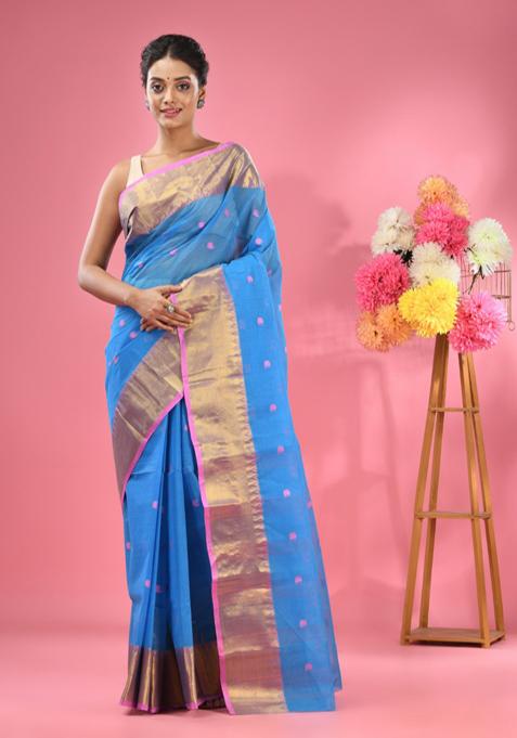 Sky Blue Zari Work Cotton Saree Set