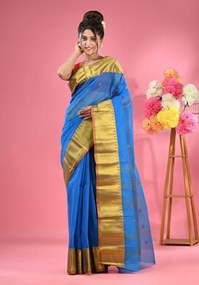 Sapphire Blue Zari Work Cotton Saree Set