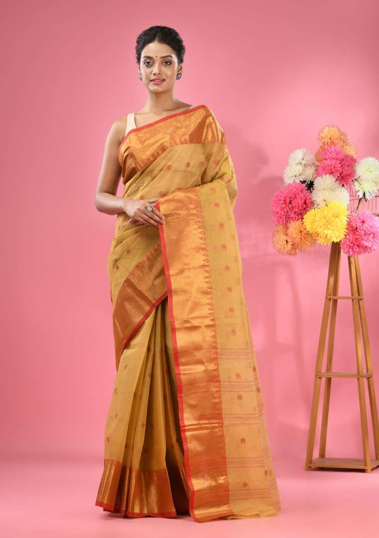 Dark Beige Zari Work Cotton Saree Set for Diwali and Festive Wear - Indya