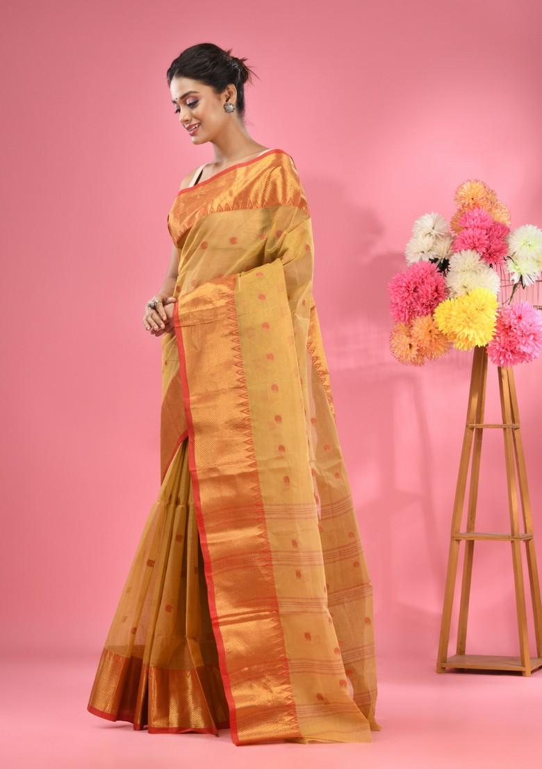 Dark Beige Zari Work Cotton Saree Set - Indya