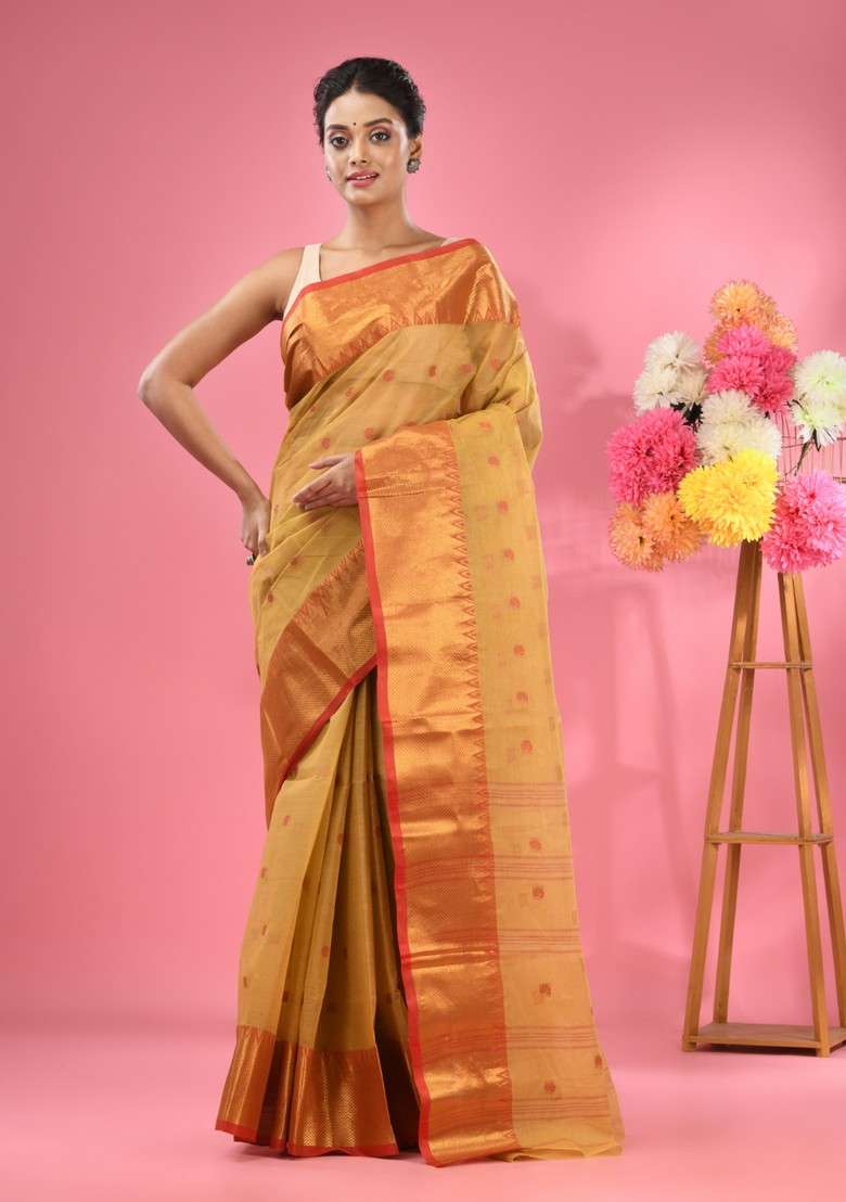 Dark Beige Zari Work Cotton Saree Set for Diwali and Festive Wear - Indya