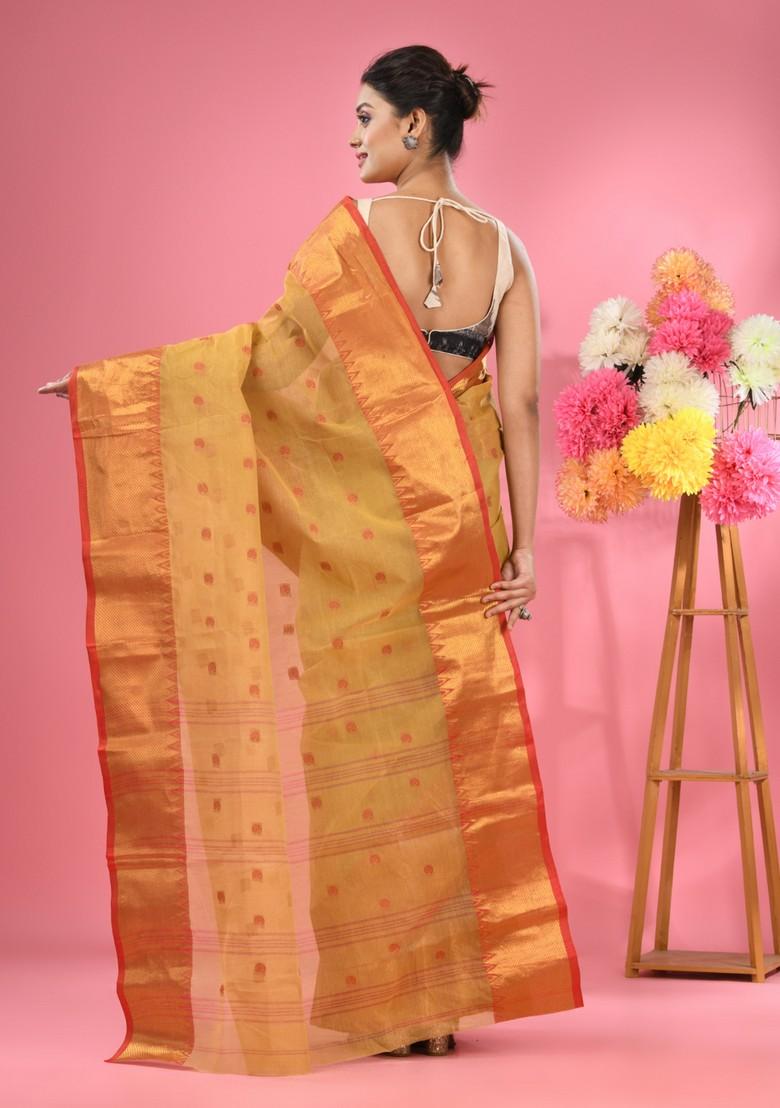 Dark Beige Zari Work Cotton Saree Set - Indya