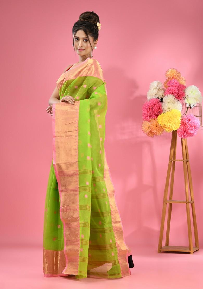 Parrot Green Zari Work Cotton Saree Set