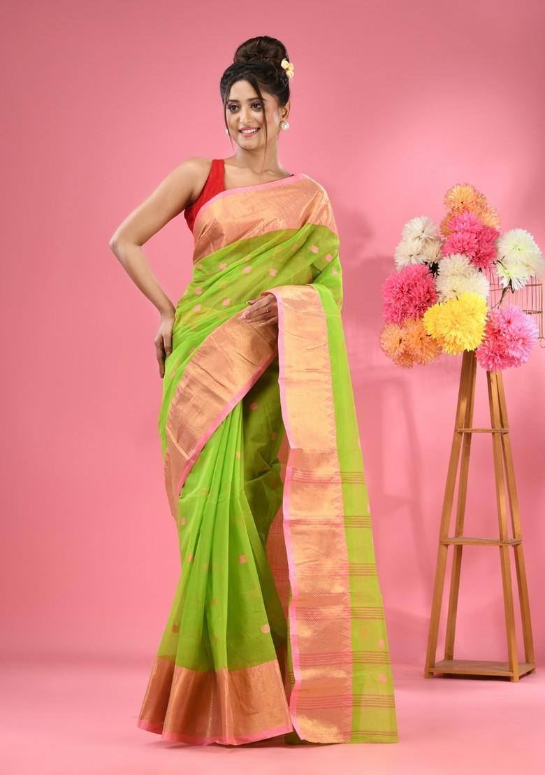 Parrot Green Zari Work Cotton Saree Set