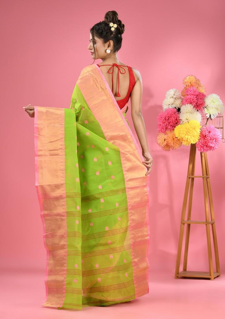 Parrot Green Zari Work Cotton Saree Set