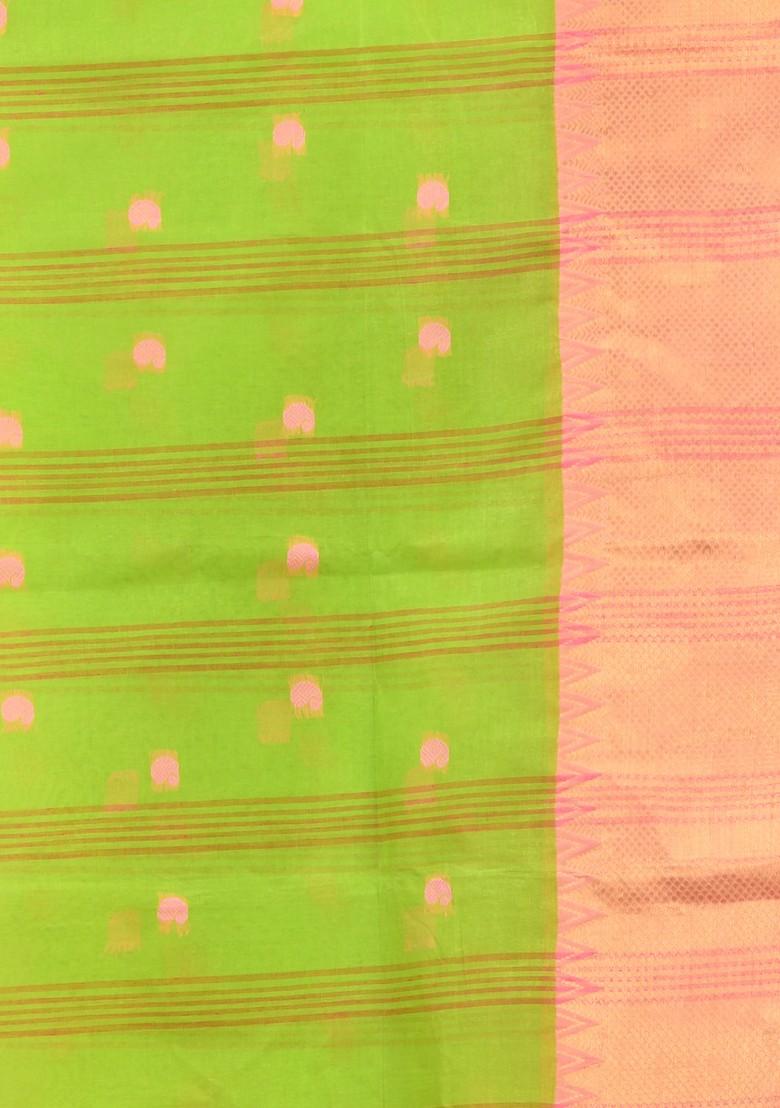 Parrot Green Zari Work Cotton Saree Set