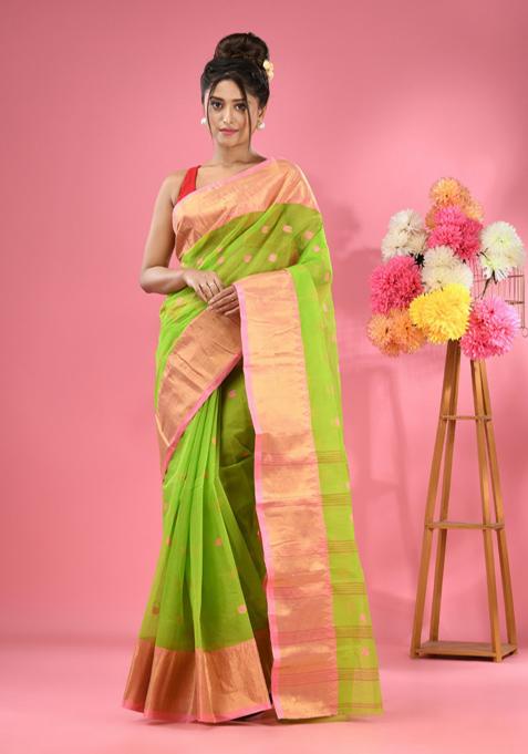 Parrot Green Zari Work Cotton Saree Set