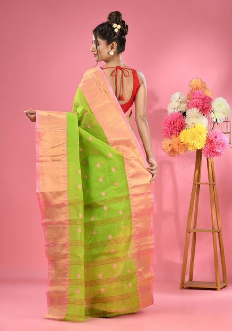 Parrot Green Zari Work Cotton Saree Set