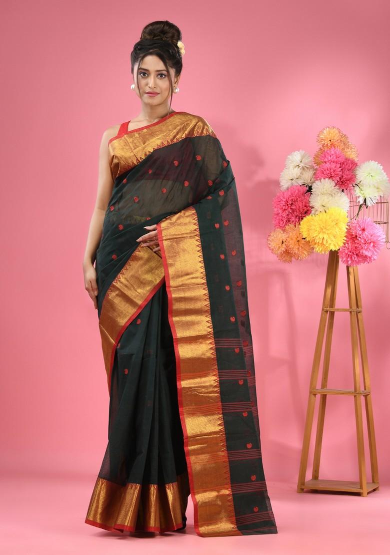 Dark Green Zari Work Cotton Saree Set