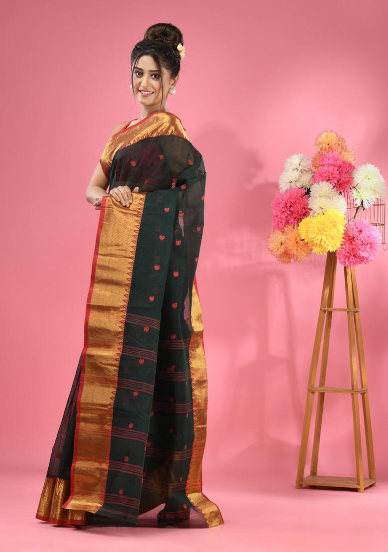 Dark Green Zari Work Cotton Saree Set