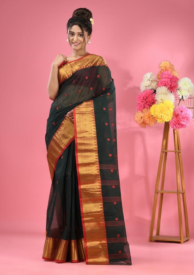 Dark Green Zari Work Cotton Saree Set