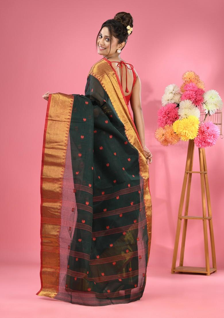 Dark Green Zari Work Cotton Saree Set