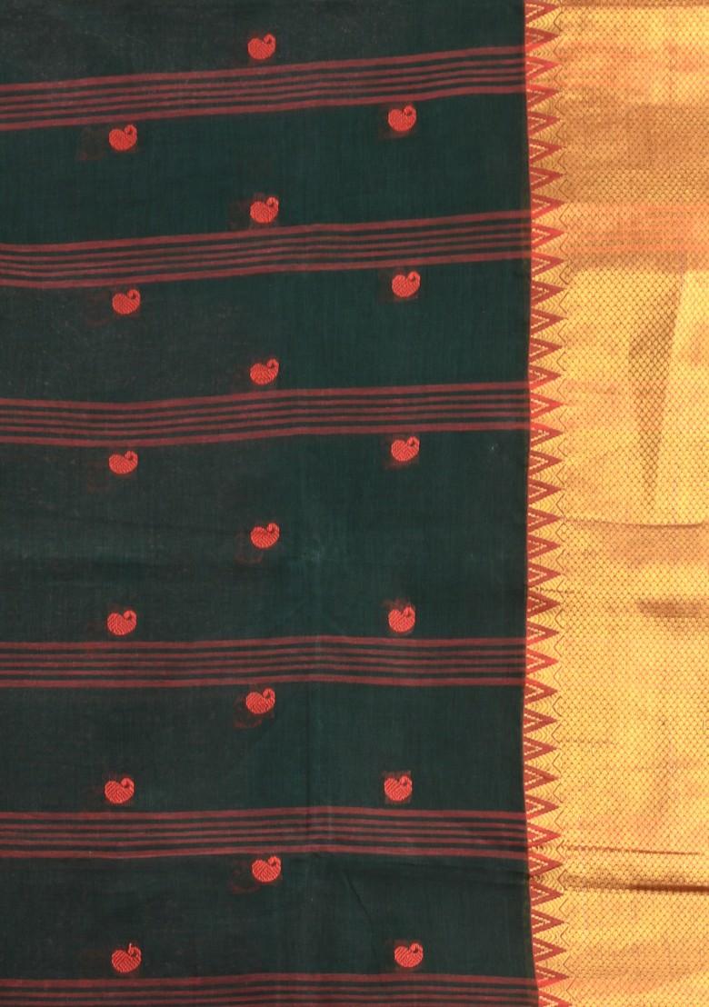 Dark Green Zari Work Cotton Saree Set