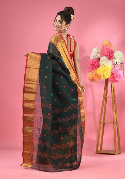 Dark Green Zari Work Cotton Saree Set