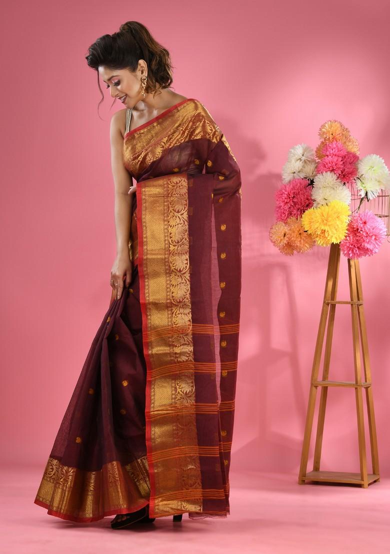 Maroon Zari Work Cotton Saree Set