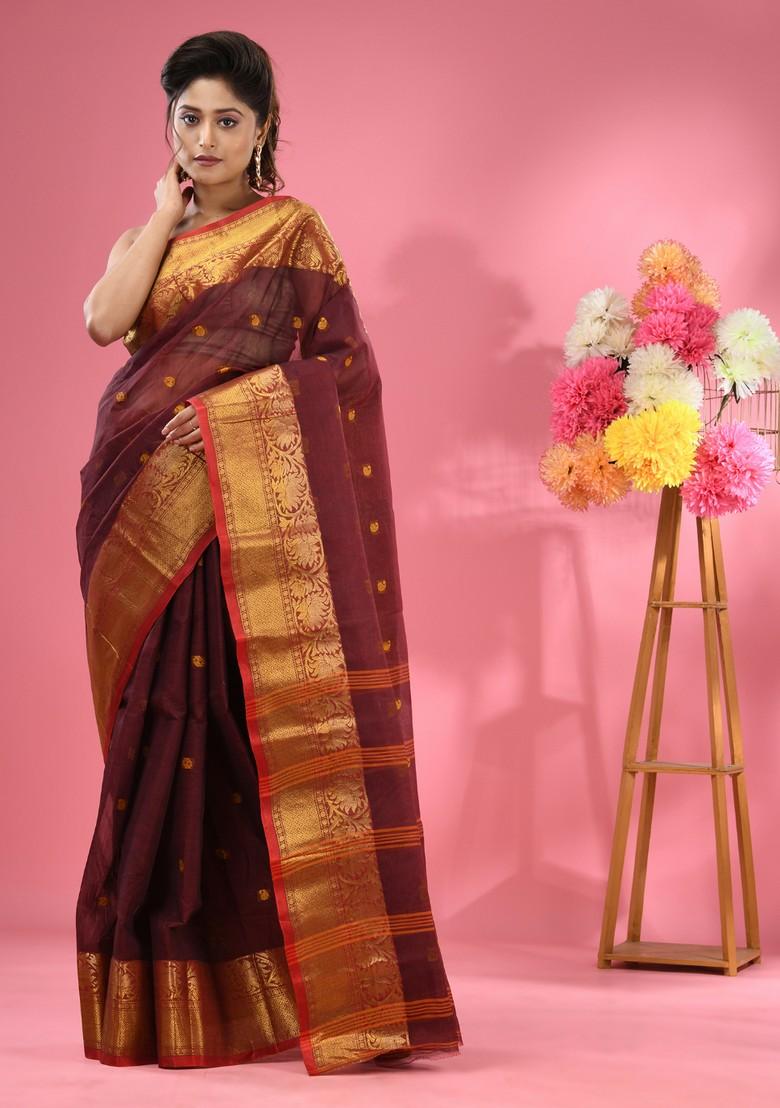 Maroon Zari Work Cotton Saree Set