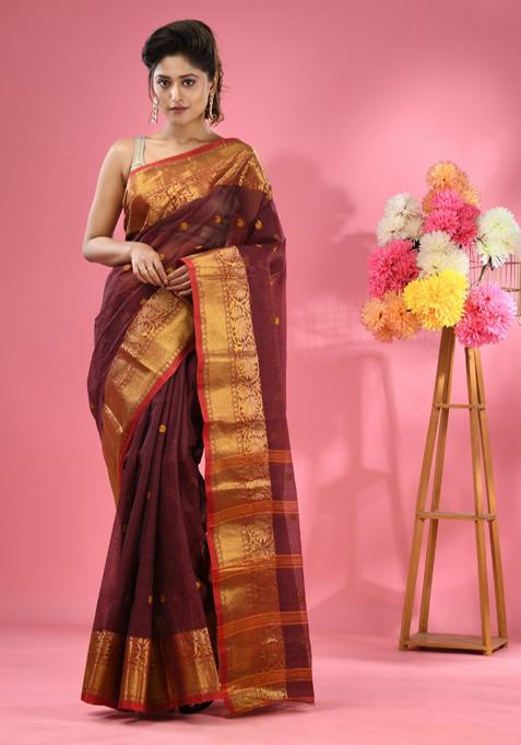 Maroon Zari Work Cotton Saree Set