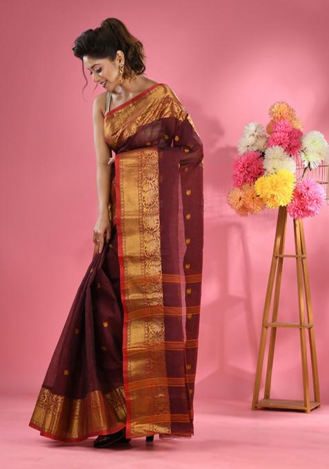 Maroon Zari Work Cotton Saree Set