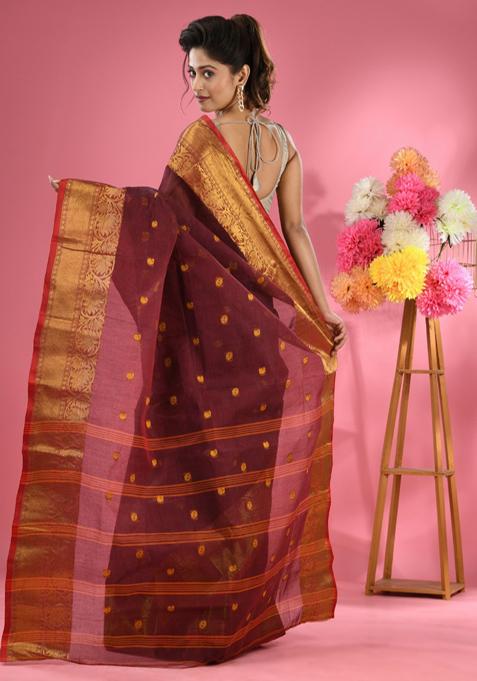 Maroon Zari Work Cotton Saree Set