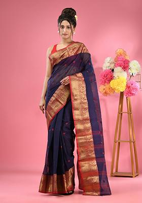 Navy Blue Zari Work Cotton Saree Set