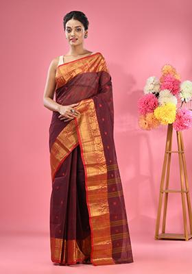 Dark Red Zari Work Cotton Saree Set
