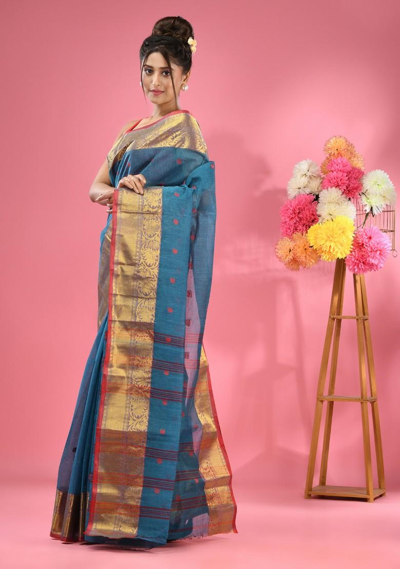 Blue Zari Work Cotton Saree Set