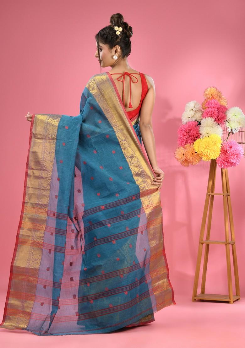 Blue Zari Work Cotton Saree Set