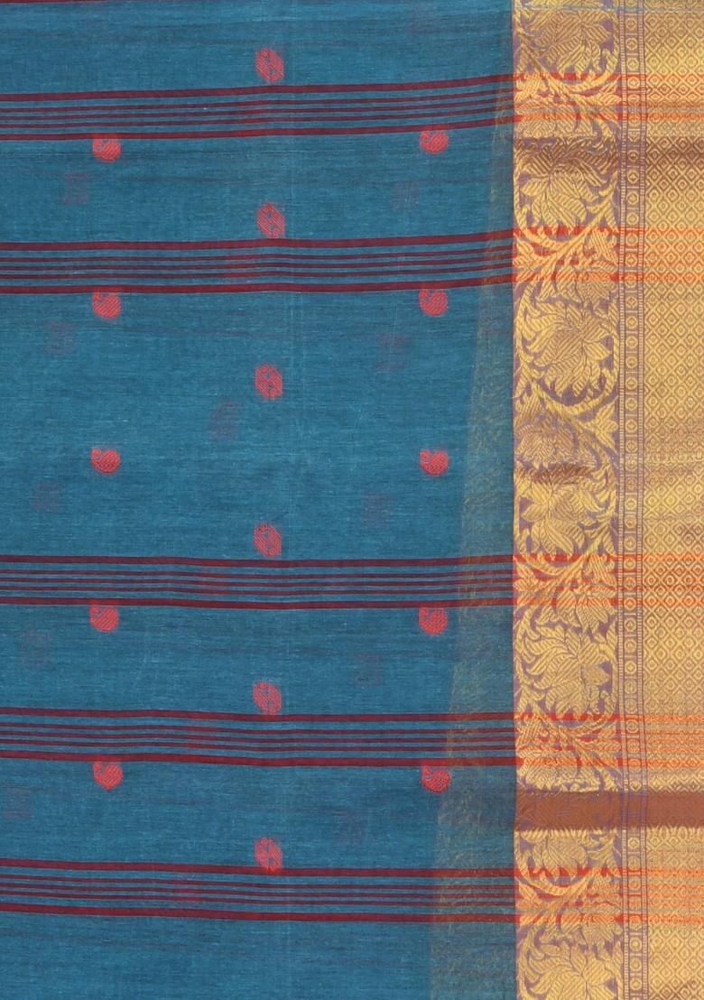 Blue Zari Work Cotton Saree Set