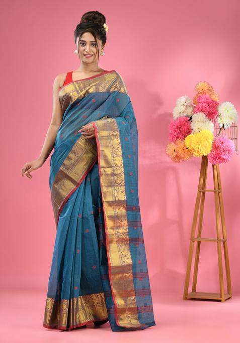 Blue Zari Work Cotton Saree Set