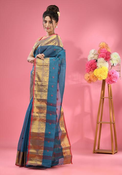 Blue Zari Work Cotton Saree Set