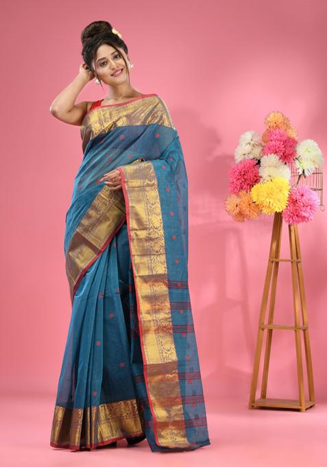 Blue Zari Work Cotton Saree Set