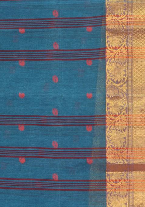 Blue Zari Work Cotton Saree Set