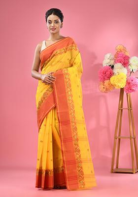 Bright Yellow Woven Work Cotton Saree Set