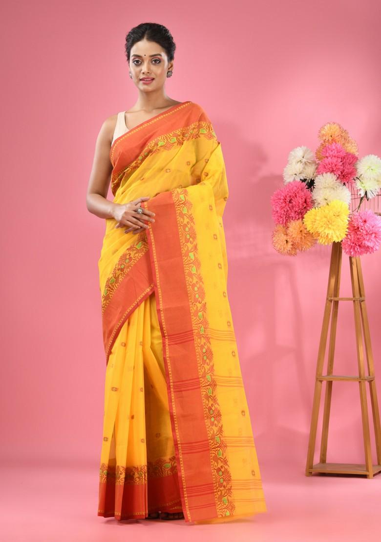 Bright Yellow Woven Work Cotton Saree Set
